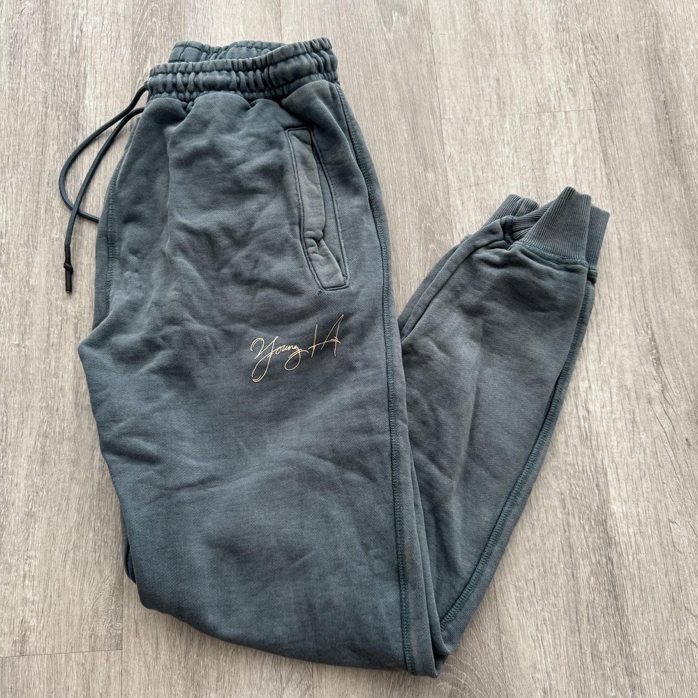 YoungLA Sweatpants Mens Medium Green Joggers Motivational Quotes Athletic Cotton